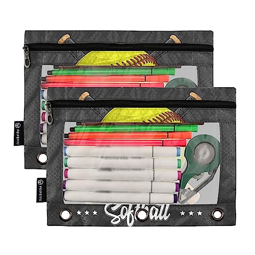 Yellow Softball Baseball Binder Pencil Pouch 3 Ring, Clear Window Zipper Pencil Case Bags Office Supplies 2 Pack