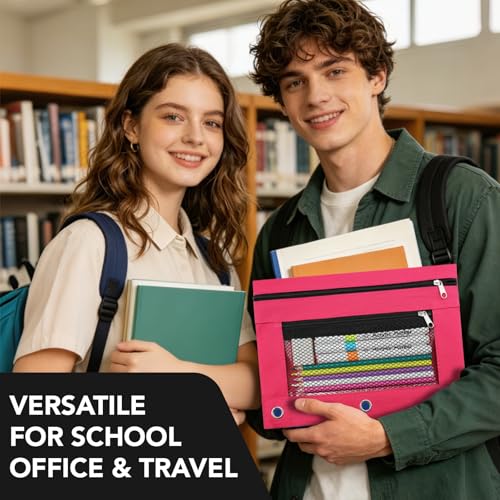 3 Ring Pencil Pouch for Binder, 2-Pocket Zipper Pencil Case with Clear Window & Mesh Pocket, 600D Oxford Fabric Binder Pouch for School Office Supplies, Fits Standard 3-Ring Binders, Rose Red - color: Rose Red