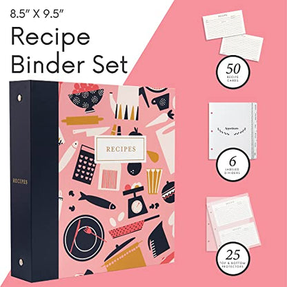 Jot & Mark 8.5" x 9.5" 3 Ring Recipe Binder with 50 Matching 4x6 inch Recipe Cards, 25 Top & Bottom Binder Sleeve Sheet Protector, 5 Full-Page Undivided Sleeves, 6 Sturdy Divider Tabs, Mise En Place | 50 Recipe Cards + 25 Sleeve Protectors + 5 Full-Page S