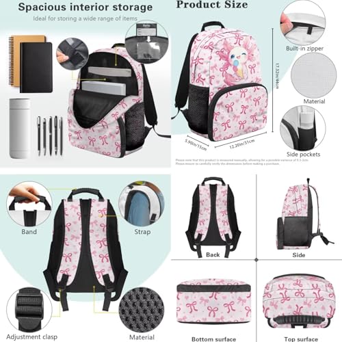 Cute Girls Bookbag Set with Insulated Lunch Bag and Pencil Case for School,Axolotl Ice Cream 3-in-1 Backpack Lunchbox Pouch for Elementary Kids, Waterproof Student Book Bag - color: Pink Bows-axolotl Ice Cream