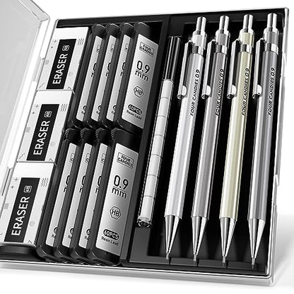 Metal Mechanical Pencil Set, Break-Resistant 0.9mm 4-Pack with Storage Case | 480 Leads, 3 Erasers+9 Refills, For School Writing, Sketching, Art Drawing & Professional Drafting - style: 0.9MM
