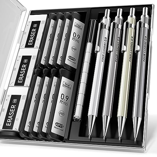 Metal Mechanical Pencil Set, Break-Resistant 0.9mm 4-Pack with Storage Case | 480 Leads, 3 Erasers+9 Refills, For School Writing, Sketching, Art Drawing & Professional Drafting - style: 0.9MM