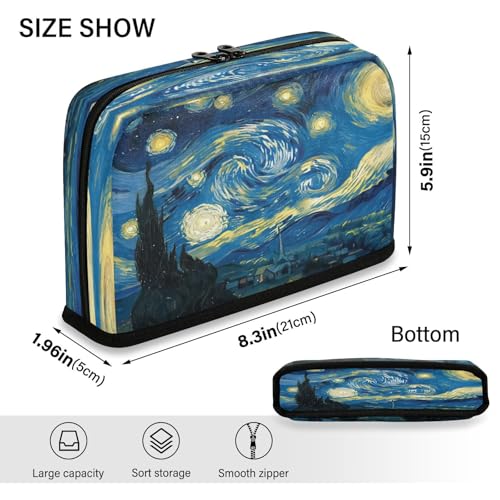 The Starry Night Art Pencil Case Organizer, Large Capacity Stand-Up Pen Pouch with 3 Compartments, Foldable Makeup Bag for School Office Travel Supplies, 8.3 x 5.9 Inch - color: Starry Night