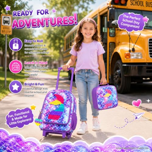 WZLVO 4PCS Rolling Backpack for Girls,Kids Mermaid Backpacks with Roller Wheels, Wheeled Bookbag with Lunch Box for Toddler Elementary School - color: Fish Rolling Purple