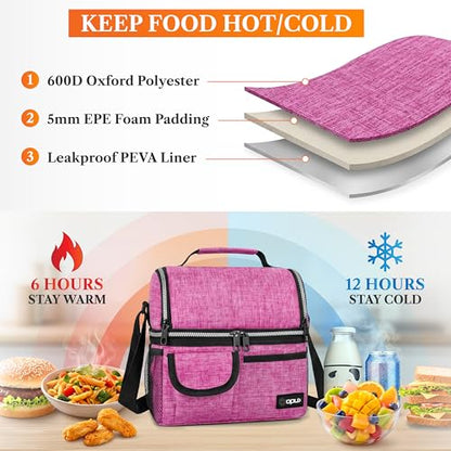 opux Insulated Lunch Bag Women Men, Dual Compartment Leakproof Lunch Box Adults Kids, Double Decker Meal Prep Bento Lunch Cooler Tote with Shoulder Strap for Work Office School Travel, Pink - color: Heather Pink