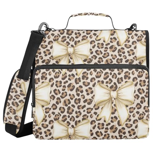 Gredecor 3 Ring Zipper Binder with Shoulder Strap, Classic Leopard Brown Beige Bows Multi-Pockets Organizer Binder Bag Holds 500 Sheets for School and Office - color: Classic Leopard Brown Beige Bows