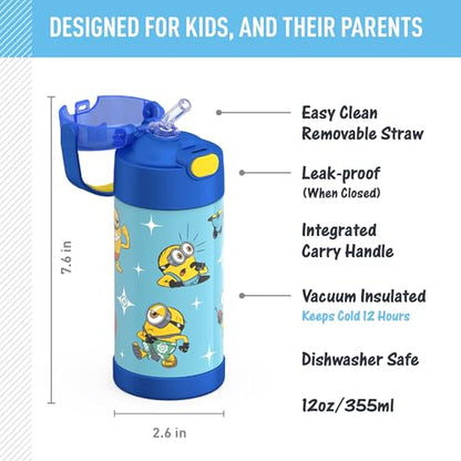 THERMOS FUNTAINER Water Bottle with Straw - 12 Ounce - Kids Stainless Steel Vacuum Insulated Water Bottle with Lid, Minions - color: Minions