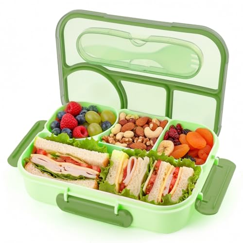Bento Box for Adults,4 Compartments Lunch Box, Snack Containers Reusable Lunch Containers Drop-Proof, Dishwasher Safe & Made with BPA-Free Materials, Green - color: Green