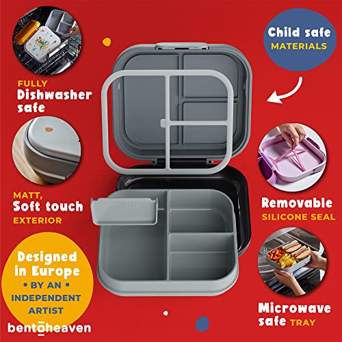 Bentoheaven Premium Bento Lunch Box for Kids, 9 Designs, Leak-proof 3-4 Compartments, Divider, Ideal size 30oz, Microwave/Dishwasher Safe Kids Bento Box (Loncheras Para Niños/Niñas)[Night Gray] - color: Night Gray