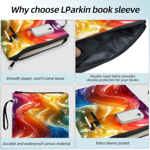 Padded Book Sleeve with Zipper & Front Pocket, Fabric Book Cover | Rainbow Liquid Wave Fluid11.4"x8.7" Washable Canvas Pouch for Hardcovers, Tablets & Reading Accessories - color: Rainbow Liquid Wave Fluid