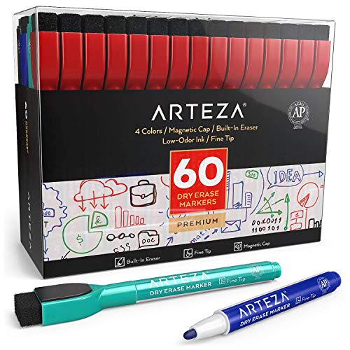 ARTEZA Magnetic Dry Erase Markers with Eraser, Bulk Pack of 60, Fine Tip, 4 Assorted Colors with Low-Odor Ink, Whiteboard Pens, School and Office Supplies - size: 1 Count (Pack of 60)