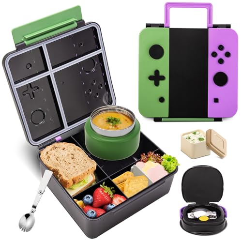 Game Bento Box for Kids, Lunch Box with Thermo(9oz Food Jar), Folding Spoon, Removable Divider & Sauce Cup, Lunch Box Kids for School,Travel, BPA-Free & Realistic Shape (Green-Purple) - color: Green-Purple