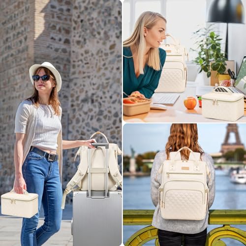 AIJIEKE Lunch Backpack for Women, 15.6 Laptop Backpack, Lunch Box, Beige | Water resistant computer bag with insulated leakproof cooler. Travel meal prep backpack for nurse, teacher, college commute - color: Beige