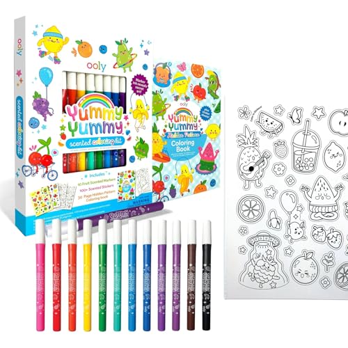 Ooly Travel Art Kit for Kids – Yummy Yummy Scented Coloring Kit, 1 Fruit-Scented Markers, 1+ Stickers, 3-Page Coloring Book, Mess-Free Road Trip & Airplane Activity - color: Scented Coloring Kit