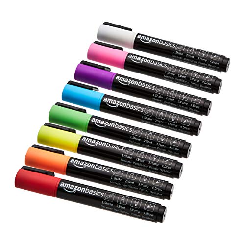 Amazon Basics Bullet/Chisel Reversible Tip Liquid Chalk Markers, Erasable, Washable, Water-Based, Bold Point, 8-Pack, Bright Colors - style: Bold Point