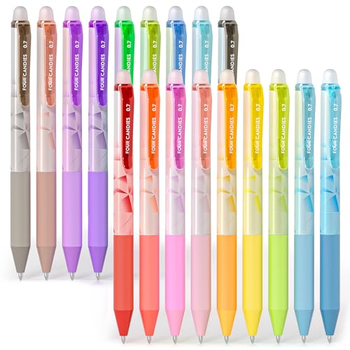 Four Candies 0.7mm Erasable Gel Pens, Make Mistakes Disappear Colored Pens, 18 Colors Retractable Fine Point Erasable Pens for Writing, Drawing, Planner & School Supplies