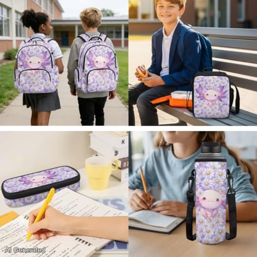 Daisy Axolotl Backpack for Boys Girls with Lunch Box Kids Bookbags for Boys Ages 5-10 Backpack with Lunch Bag 4Pcs Set Pencil Case Water Bottle Pouch Elementary 17 inch School Accessories - color: Daisy Axolotl