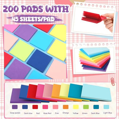Zubebe 200 Pads 3 x 3 Inch Sticky Notes Bulk, Bright Colors Notepads Self Stick Note Square Memo Sticky for Office Back to School, 45 Sheets/pad - size: 3 × 3 Inch