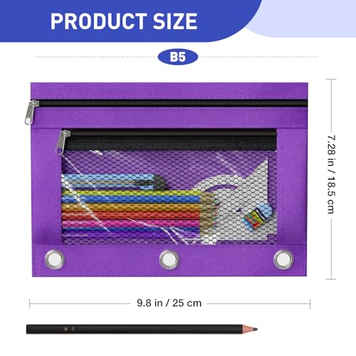 Pencil Pouch for 3 Ring Binder - 3 Hole Zipper Pen Case Bag Holder Bulk Accessories Clear Window Aesthetic Organizer Pockets - color: Purple