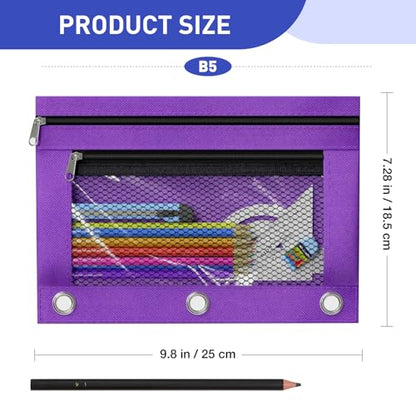 Pencil Pouch for 3 Ring Binder - 3 Hole Zipper Pen Case Bag Holder Bulk Accessories Clear Window Aesthetic Organizer Pockets - color: Purple