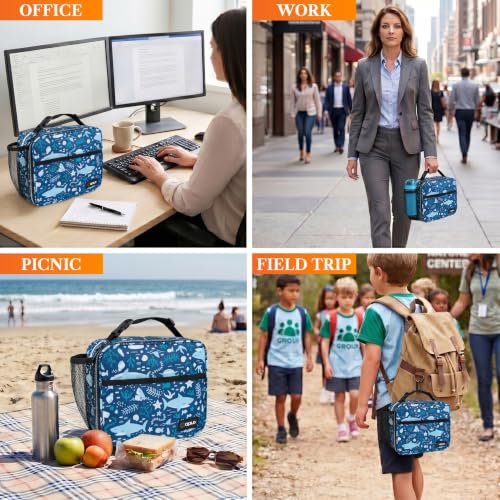 opux Insulated Lunch Bag for Kids, Reusable Lunch Box for School with Leakproof Lining, Compact Soft Cooler Tote for Boys & Girls, Front Pocket, Mesh Side Bottle Holder (Blue Shark) - color: Blue Shark