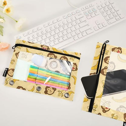 2 Pack Pencil Pouch for 3 Ring Binder Cute Monkey Banana Pencil Case Pouch with Clear Window Zipper Binder Pencil Pouches Pen Bag for Office School Supplies - color: Cute Monkey Banana