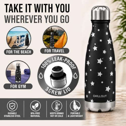 CHILLOUT LIFE 12oz Kids Insulated Stainless Steel Water Bottle, Leak Proof | Small Metal Water Bottle, Keeps Drinks Cold 24H & Hot 12H, Leak-Proof Screw Lid, Perfect for School, Travel & Sports - color: Star Night Sky