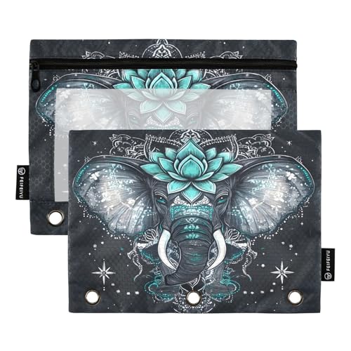 2 Pack Pencil Pouch for 3 Ring Binder Teal Floral Elephant Pencil Case Pouch with Clear Window Zipper Binder Pencil Pouches Pen Bag for Office School Supplies - color: Teal Floral Elephant