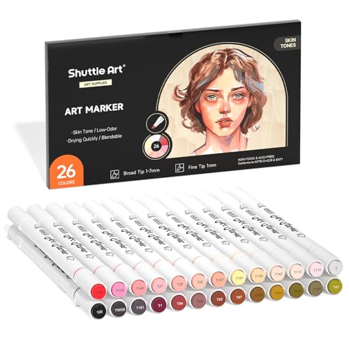 Shuttle Art 26 Colors Skin Tone&Hair Art Markers, Dual Tip Alcohol Based Flesh-Color Marker Pen Set Contains 1 Blender Perfect for Kids & Adults Portrait,Comic, Anime, Manga, Illustration - color: 26 Skin Tone Colors