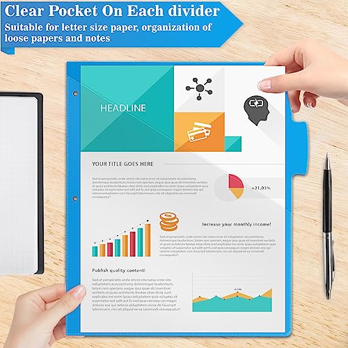 V-Opitos 5-tab Index Dividers with 3 Holes Punched, Set of 3 Plastic Dividers with Clear Front Pocket, Multicolor Dividers for 3 Ring Binders, 15 Pcs Dividers for School & Office Supplies