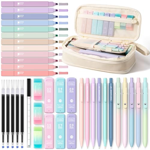 Four Candies School Supplies with Cute Pen Case, 39ct, Cream | Back to School Stationery Set, Essentials for College & Nursing Students, 5 Gel Pens, 6 Mechanical Pencils, 12 Highlighters - color: Cream, size: 39 Count (Pack of 1)