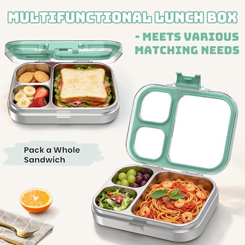 LOHASOK Kids Stainless Steel Lunch Bento Box BPA-Free Leak-Proof Tritan Lid 304 Metal Food Container with 3 Compartments for Girls Boys School Green - color: Green, size: 27oz/800ml