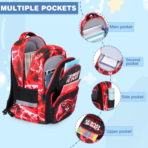 Bevalsa Kids Backpack for Boys with Bento Lunch Box, Insulated Bag & Utensils, 43oz Lunch Containers, Gamer Backpack School Bags for Elementary Middle School Student (Red Lightning) - color: Red Lightning