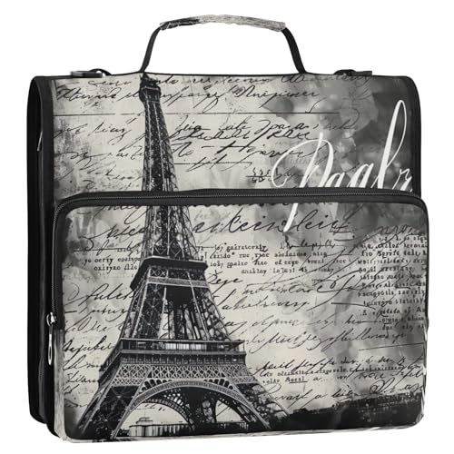 Paris Eiffel Tower Waterproof Zipper Binder with Shoulder Strap, 3-Ring Trapper Keeper with Lay-Flat Design and Multiple Compartments for School & Office, Adults & Kids