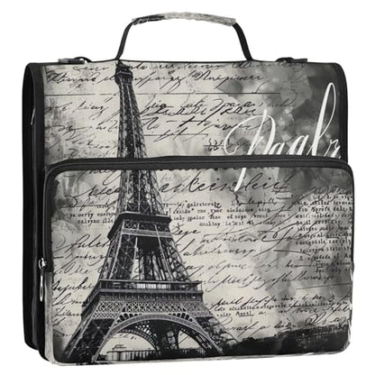 Paris Eiffel Tower Waterproof Zipper Binder with Shoulder Strap, 3-Ring Trapper Keeper with Lay-Flat Design and Multiple Compartments for School & Office, Adults & Kids