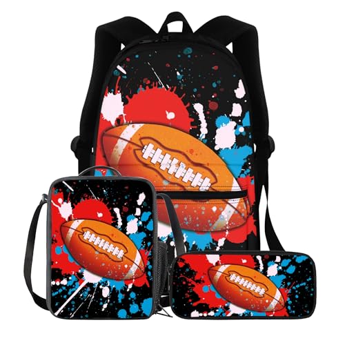 BIGCARJOB Art Rugby Soccer School Backpack Set with Lunch Box Pencil Case for Boys Schoolbags Set 3 Pieces Kids School Bookbags Colorful Rugby Print Travel Rucksack - color: Colorful Art Rugby Soccer, size: One Size