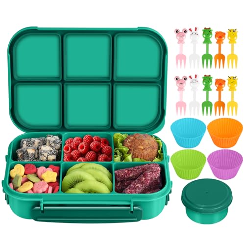 Amathley Lunch Box Kids Girls Boys,Bento Box Adult,Toddler Lunch Containers for School,Leakproof Snack Containers with 6 Compartments,Sauce Container,10 Food Picks and 4 Muffin Cups (Green) - color: Green