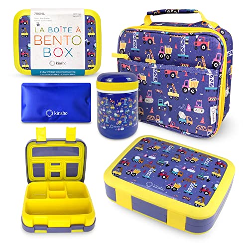Bento Box With Thermo, Insulated Lunch Bag, & Ice Pack Set For Kids Or Toddlers. Stainless Steel Food Jar, 5 Compartment Lunch-Box For Pre-School Or Daycare, Blue Yellow Trucks - color: Blue Yellow Trucks Set