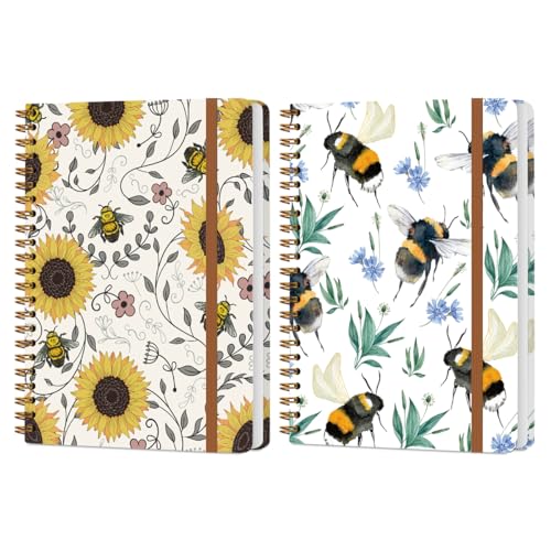 2Pcs Spiral Notebook, Bees College Ruled Spiral Notebook, Multi Subject Notebooks, 120 Ruled Pages Hardcover Journals for Writing Travel Business Office, Cute Notebooks for Women