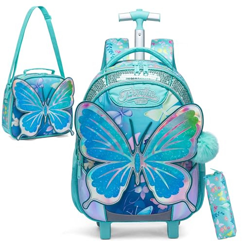 Girls Kids Rolling Backpack with Wheels Trolley School Bag Waterproof Travel Luggage for Kids Girls and Students lunch bag Lightweight and Multi functional 5-10 Years Old - color: Butterfly Blue