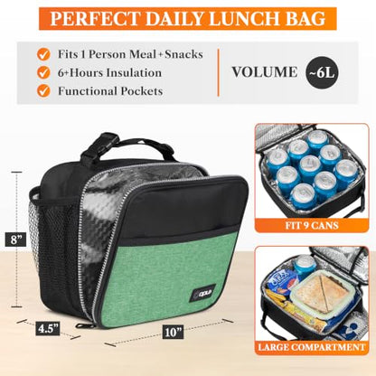 opux Insulated Lunch Bag for Kids, Reusable Lunch Box for School with Leakproof Lining, Compact Soft Cooler Tote for Boys & Girls, Front Pocket, Mesh Side Bottle Holder (Heather Green) - color: Heather Green