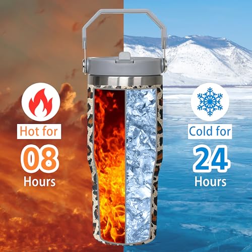 Queen Hero 30 oz Leopard Tumbler with Handle, Large Insulated Tumbler with Flip & Straw Coffee Mug Cup Stainless Steel Gifts for Women Men Youth - color: Leopard