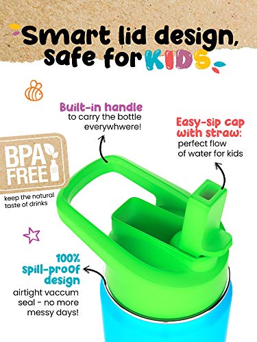 Kids Water Bottle - 12oz Stainless | Leak Proof With Straw & Handle | 24 Hours Cold | Insulated, Double Wall Stainless Steel | Easy Sip Toddler Cup | Child's Flask | Eco Friendly - color: Steel