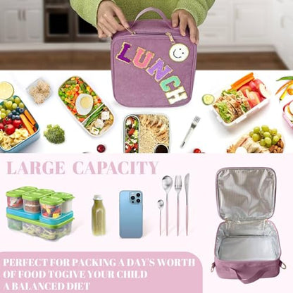 Insulated Lunch Bag With Adjustable Shoulder Strap, Cute Corduroy Preppy Lunch Box Large Insulated Lunch Bag Reusable Lunch Tote Bag (Purple) - color: Purple