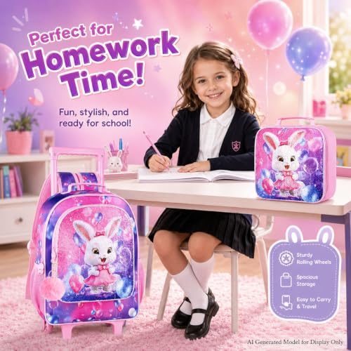 3Pcs Bunny Rolling Backpack for Girls, Kids School Backpacks with Wheels, Roller Bookbag with Lunch Box for Elementary Preschool(Pink) - color: Pink Rabbit