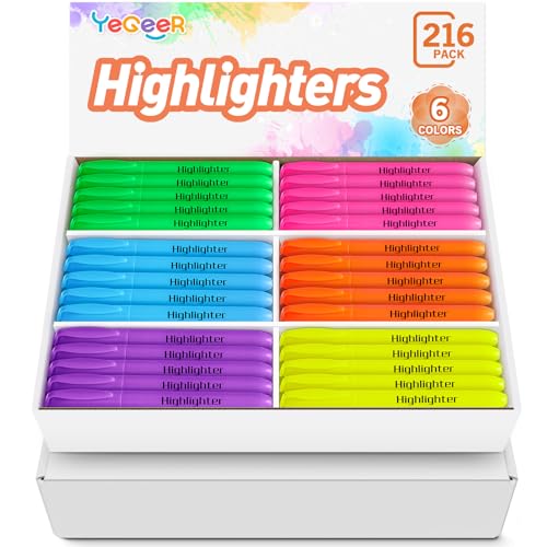 YEGEER Highlighters, Chisel Tip Dry-Quickly Highlighter Markers, 216 Count-6 Assorted Colors Highlighters Bulk Pack for Adult Kids, Office Classroom Must Have, School Supplies for Teachers