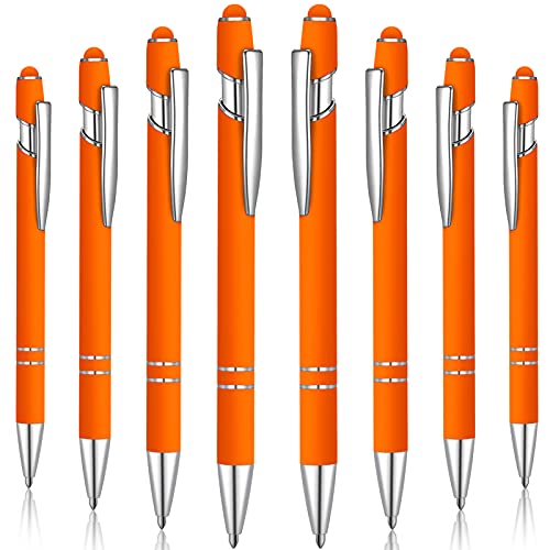 8 Pieces Ballpoint Pen with Stylus Tip Black Ink 2 in 1 Stylus Metal 1.0 mm Medium Point Smooth Pen Rainbow Colorful Rubberized Ballpoint for Touch Screen Tablet(Orange) - color: Orange
