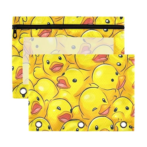 Kcldeci Pencil Pouch for 3 Ring Binder, Cartoon Rubber Ducky 2 Pack Binder Pencil Pouch with Clear Window Pencil Bags with Zipper Pencil Case for Binder - color: A06