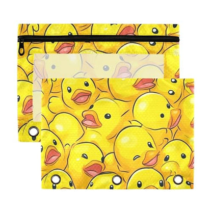 Kcldeci Pencil Pouch for 3 Ring Binder, Cartoon Rubber Ducky 2 Pack Binder Pencil Pouch with Clear Window Pencil Bags with Zipper Pencil Case for Binder - color: A06