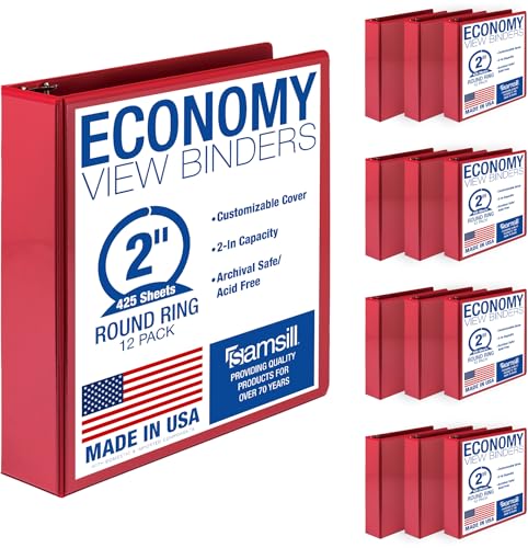Samsill 2 Inch 3 Ring Binders, Economy Round Ring, Clear View Cover, 425 Sheet Capacity - for School, Home, Office - Red, 12 Pack - color: Red, size: 12-Pack, style: 2-Inch